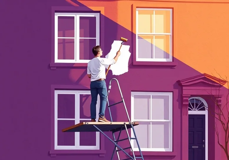 Peintre sur échafaudage traitant la façade d'une maison