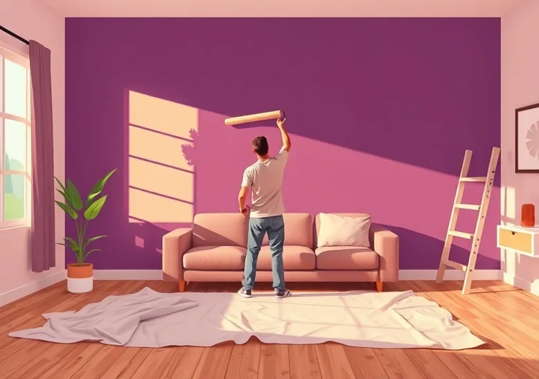 Peintre appliquant la peinture au rouleau sur un mur de salon